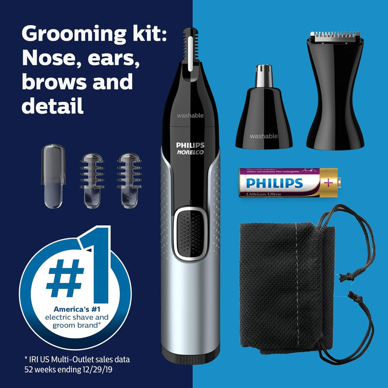 Philips Norelco Nose Trimmer 5000 for Nose, Ears, Eyebrows Trimming Kit, NT5600/62, Black/Silver