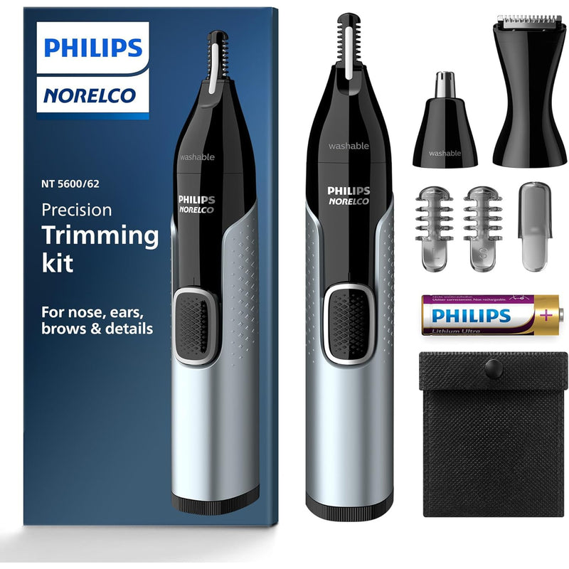 Philips Norelco Nose Trimmer 5000 for Nose, Ears, Eyebrows Trimming Kit, NT5600/62, Black/Silver