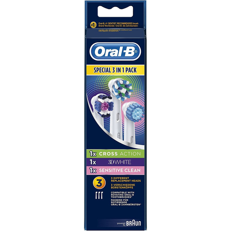 Oral-B Multipack 3 in 1 Replacement Brush Heads, Cross Action, Sensitive, 3DWhite (Pack of 3)